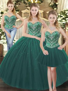 Shining Dark Green Ball Gown Prom Dress Military Ball and Sweet 16 and Quinceanera with Beading Sweetheart Sleeveless Lace Up