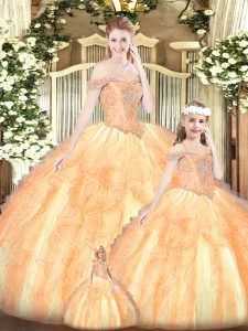 Flirting Champagne Ball Gowns Tulle Off The Shoulder Sleeveless Beading and Ruffles Floor Length Lace Up Quinceanera Gown