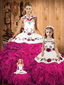 Fuchsia Ball Gowns Halter Top Sleeveless Tulle Floor Length Lace Up Embroidery and Ruffles 15 Quinceanera Dress