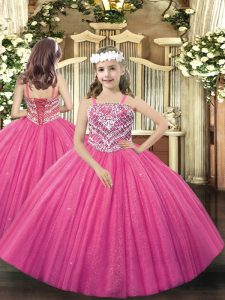 Stunning Hot Pink Tulle Lace Up Kids Pageant Dress Sleeveless Floor Length Beading