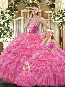 Ball Gowns Sweet 16 Quinceanera Dress Red Straps Tulle Sleeveless Floor Length Lace Up