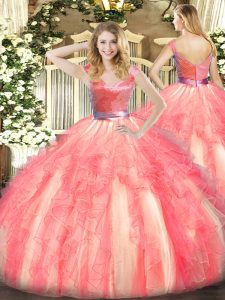 Elegant Watermelon Red V-neck Neckline Beading and Ruffles Sweet 16 Dresses Sleeveless Zipper