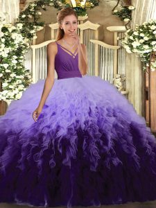Modern Multi-color Tulle Backless V-neck Sleeveless Floor Length 15 Quinceanera Dress Ruffles