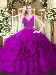 Fuchsia Sleeveless Beading Floor Length Sweet 16 Dresses