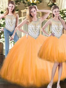 Graceful Sleeveless Floor Length Beading Zipper Quinceanera Dress with Orange Red
