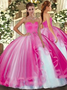 Eye-catching Floor Length Lace Up Sweet 16 Dress Hot Pink for Military Ball and Sweet 16 and Quinceanera with Beading