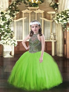 Inexpensive Halter Top Neckline Beading Child Pageant Dress Sleeveless Lace Up
