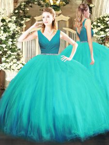 Elegant Tulle V-neck Sleeveless Zipper Beading Sweet 16 Quinceanera Dress in Aqua Blue