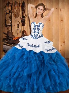 Blue And White Ball Gowns Embroidery and Ruffles 15th Birthday Dress Lace Up Satin and Organza Sleeveless Floor Length