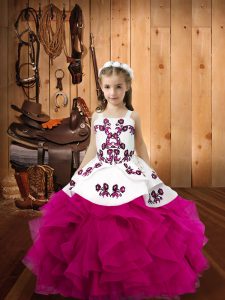 Fuchsia Ball Gowns Organza Straps Sleeveless Embroidery and Ruffles Floor Length Lace Up High School Pageant Dress