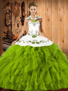 Halter Top Sleeveless Lace Up Ball Gown Prom Dress Olive Green Satin and Organza