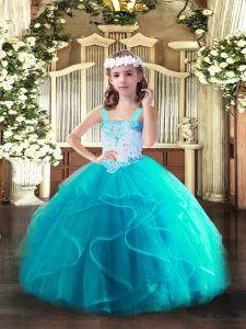 New Style Floor Length Aqua Blue Pageant Dress for Teens Tulle Sleeveless Beading and Ruffles