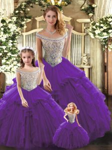 Romantic Sleeveless Tulle Floor Length Lace Up Ball Gown Prom Dress in Purple with Beading and Ruffles