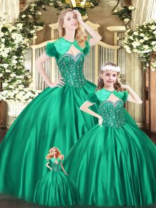 Sleeveless Floor Length Beading Lace Up Sweet 16 Dress with Green