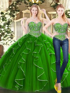 Great Green Organza Lace Up Sweetheart Sleeveless Floor Length Quinceanera Gown Beading and Ruffles