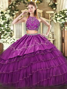 Eye-catching Sleeveless Tulle Floor Length Zipper Ball Gown Prom Dress in Burgundy with Beading and Embroidery and Ruffled Layers