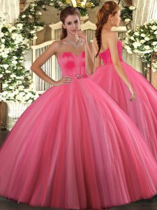 Shining Floor Length Coral Red Quinceanera Gown Tulle Sleeveless Beading