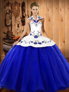 Blue And White Lace Up Quinceanera Dress Embroidery Sleeveless Floor Length