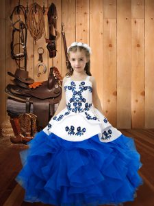 Blue Lace Up Straps Embroidery and Ruffles Little Girls Pageant Dress Wholesale Organza Sleeveless