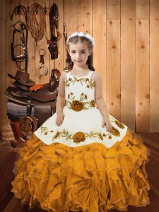 Fancy Straps Sleeveless Kids Pageant Dress Floor Length Embroidery and Ruffles Gold Organza