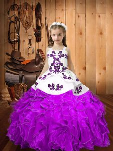 Custom Designed Eggplant Purple Straps Neckline Embroidery and Ruffles Pageant Dress Wholesale Sleeveless Lace Up