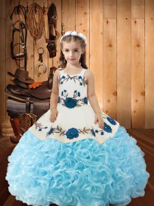 Sleeveless Floor Length Beading and Ruffles Lace Up Kids Formal Wear with Baby Blue