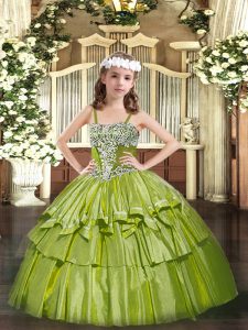 Straps Sleeveless Organza Kids Pageant Dress Appliques and Ruffled Layers Lace Up