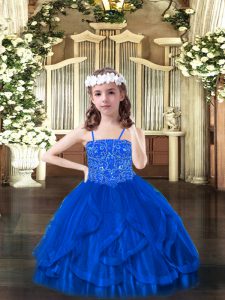 Lovely Floor Length Lace Up Girls Pageant Dresses Blue for Party and Quinceanera with Beading and Ruffles