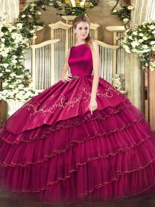 Superior Fuchsia Ball Gowns Organza Scoop Sleeveless Embroidery and Ruffled Layers Floor Length Clasp Handle Quinceanera Gown