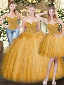 Custom Made Floor Length Lace Up Quinceanera Gown Gold for Military Ball and Sweet 16 and Quinceanera with Beading and Ruffles