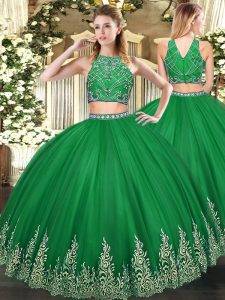 Edgy Dark Green Sleeveless Floor Length Beading and Ruffles Zipper 15 Quinceanera Dress