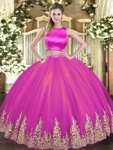 High-neck Sleeveless Quince Ball Gowns Floor Length Appliques Fuchsia Tulle