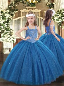 Sleeveless Floor Length Beading Lace Up Pageant Gowns with Blue