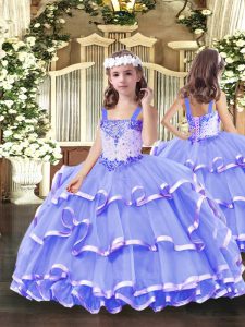 Sleeveless Floor Length Beading and Ruffled Layers Lace Up Pageant Dress for Girls with Lavender