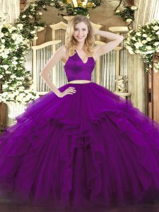 Fantastic Purple Two Pieces Organza Halter Top Sleeveless Ruffles Floor Length Zipper Quinceanera Dress