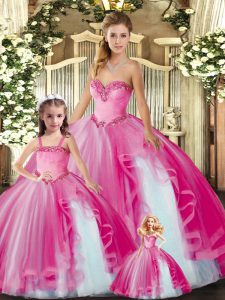 Fancy Floor Length Hot Pink Sweet 16 Dresses Sweetheart Sleeveless Lace Up