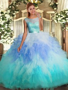Multi-color Sleeveless Floor Length Lace and Ruffles Backless Quince Ball Gowns