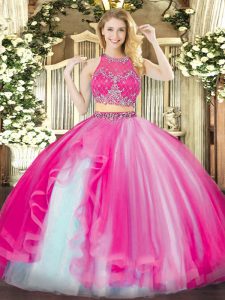 Flirting Hot Pink Ball Gowns Organza Scoop Sleeveless Beading and Ruffles Floor Length Zipper Quinceanera Gown
