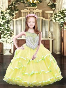 Eye-catching Scoop Sleeveless Pageant Gowns For Girls Floor Length Beading and Ruffled Layers Yellow Organza