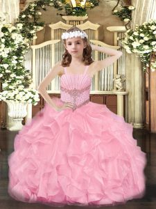Rose Pink Sleeveless Floor Length Beading and Ruffles Zipper Pageant Dress Toddler