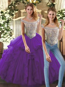 Suitable Purple Lace Up Bateau Beading and Ruffles 15 Quinceanera Dress Organza Sleeveless