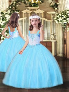 Floor Length Aqua Blue Little Girls Pageant Dress Wholesale Tulle Sleeveless Beading