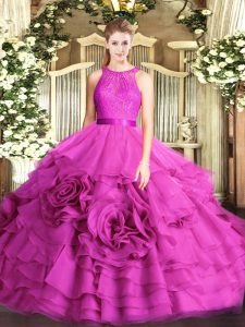 Latest Fuchsia Ball Gowns Lace 15 Quinceanera Dress Zipper Fabric With Rolling Flowers Sleeveless Floor Length