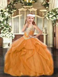 Sweet Sleeveless Tulle Floor Length Lace Up Custom Made Pageant Dress in Orange Red with Beading and Ruffles