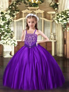 Latest Purple Ball Gowns Straps Sleeveless Satin Floor Length Lace Up Beading Glitz Pageant Dress