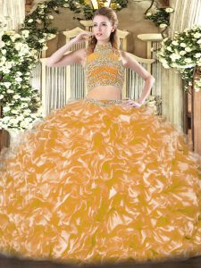 Dramatic Gold Sleeveless Floor Length Beading and Ruffles Backless Vestidos de Quinceanera
