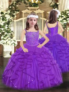 Floor Length Purple Girls Pageant Dresses Tulle Sleeveless Beading and Ruffles