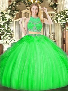 Fashionable Green Tulle Zipper Scoop Sleeveless Floor Length 15 Quinceanera Dress Beading and Ruffles