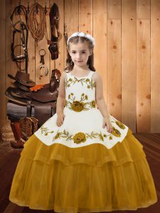 Amazing Gold Lace Up Little Girls Pageant Gowns Embroidery and Ruffled Layers Sleeveless Floor Length