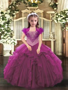 Beauteous Fuchsia Organza Lace Up Straps Sleeveless Floor Length Kids Formal Wear Beading and Ruffles